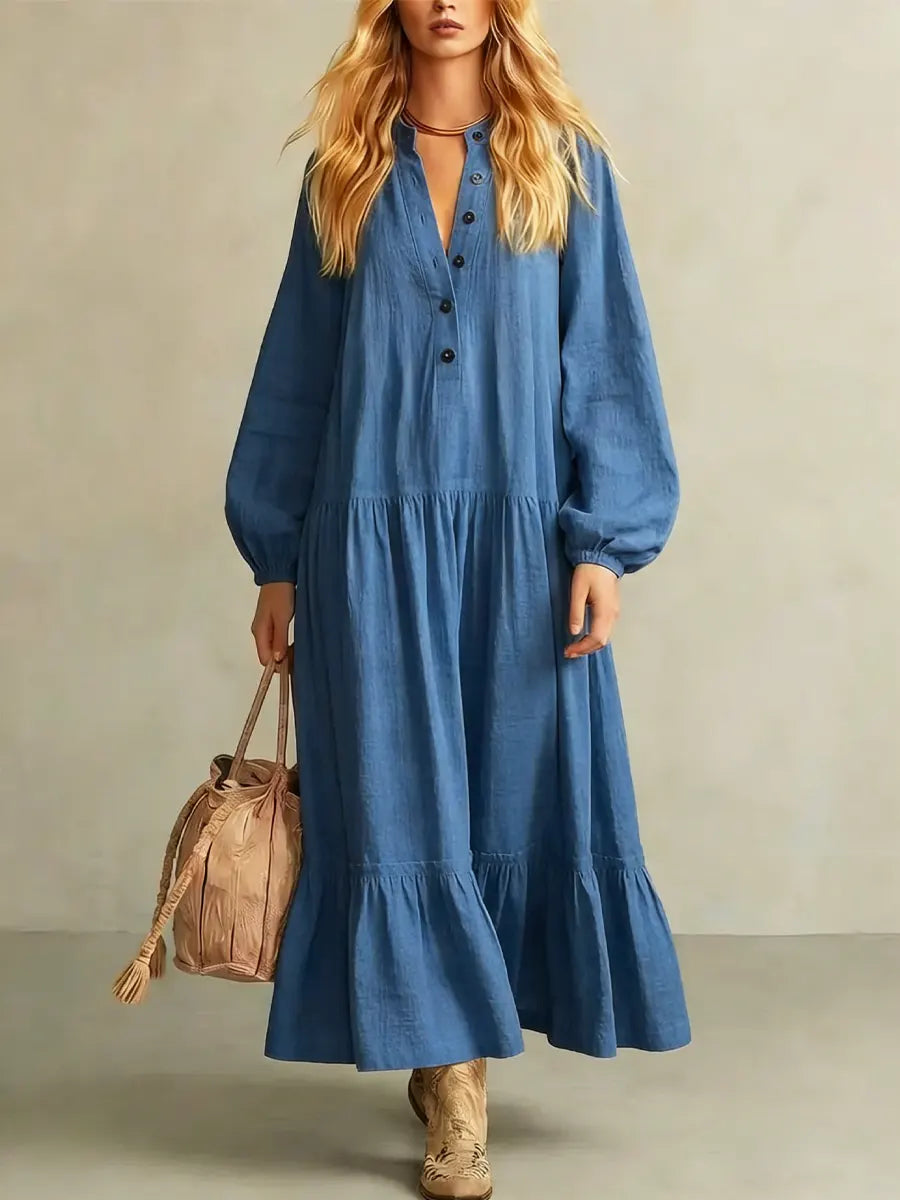 Women's Solid Color Long Sleeve Button Art Casual Stylish Cotton Linen Dress