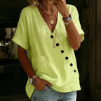 Women's Solid Color V-neck Button Pocket Linen Blend T-shirt