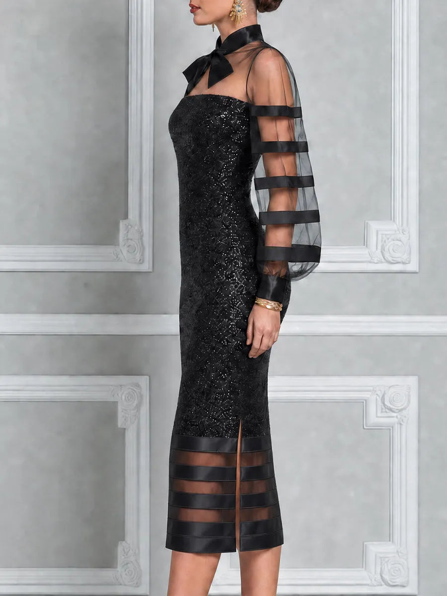 Sheer Bow Neck Sequin Midi Dress