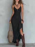 Casual Lace-paneled Knit Spaghetti Strap Dress