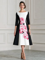 Pink Peony Print Boat Neck Color Block Satin Midi Dress