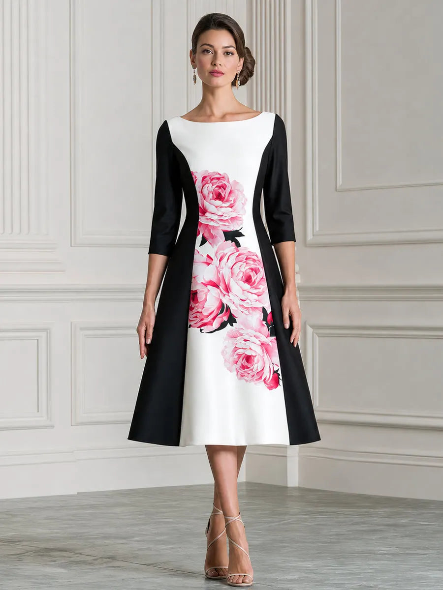 Pink Peony Print Boat Neck Color Block Satin Midi Dress