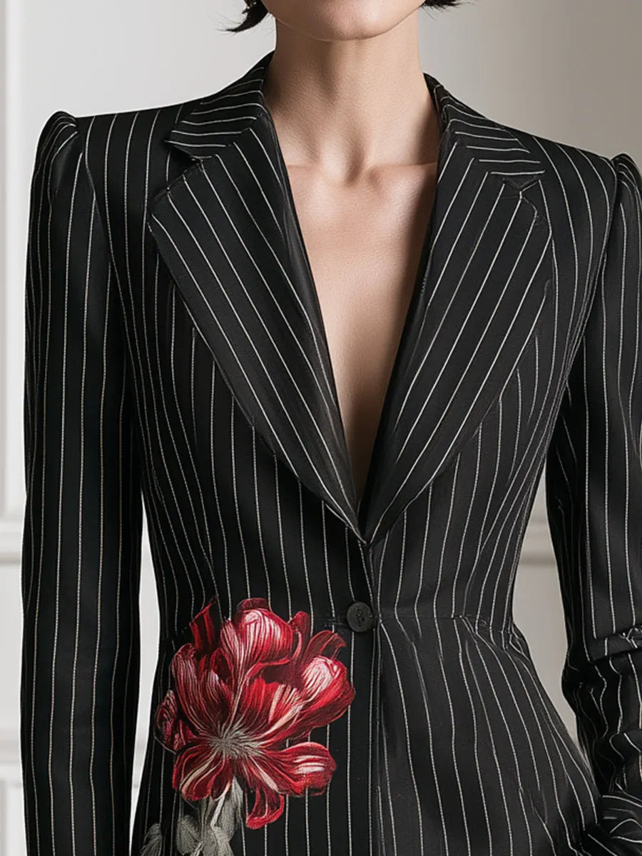 Floral Print Pinstripe Tailored Blazer