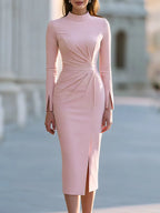 Draped Mock Neck Pencil Midi Dress