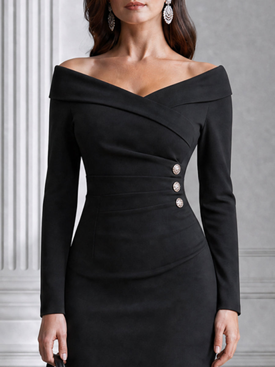 Off-the-Shoulder Button-Detail Bodycon Midi Dress