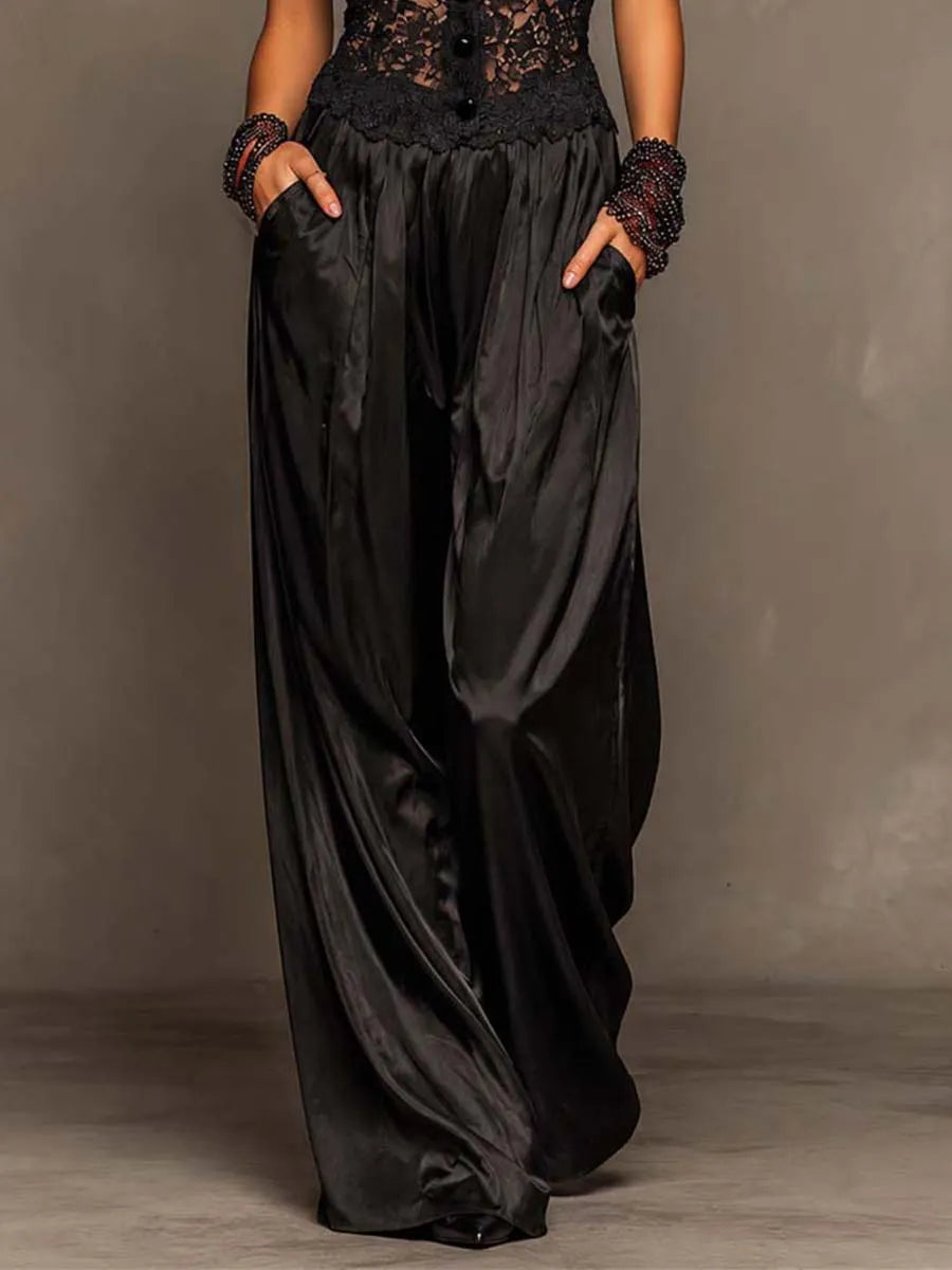 High Neck Lace Spliced Satin Wide Leg Jumpsuit