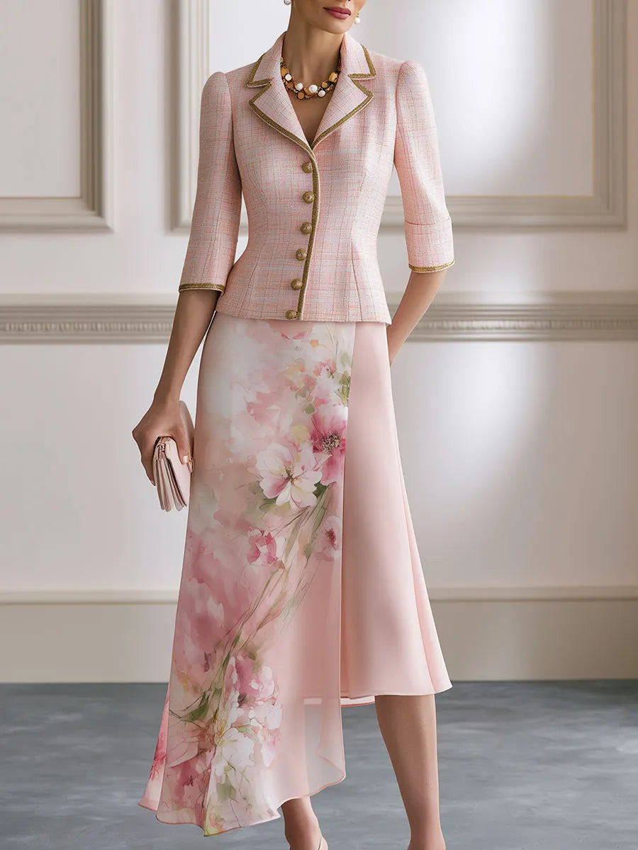 Tweed Peaked-Lapel Blazer & Floral Chiffon Midi Skirt Set
