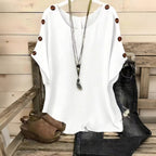 Women's Solid Color Round Neck Loose Button Design T-shirt