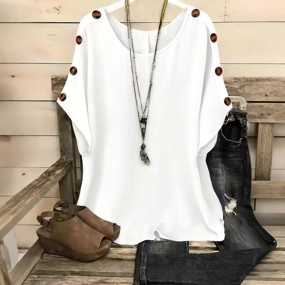 Women's Solid Color Round Neck Loose Button Design T-shirt
