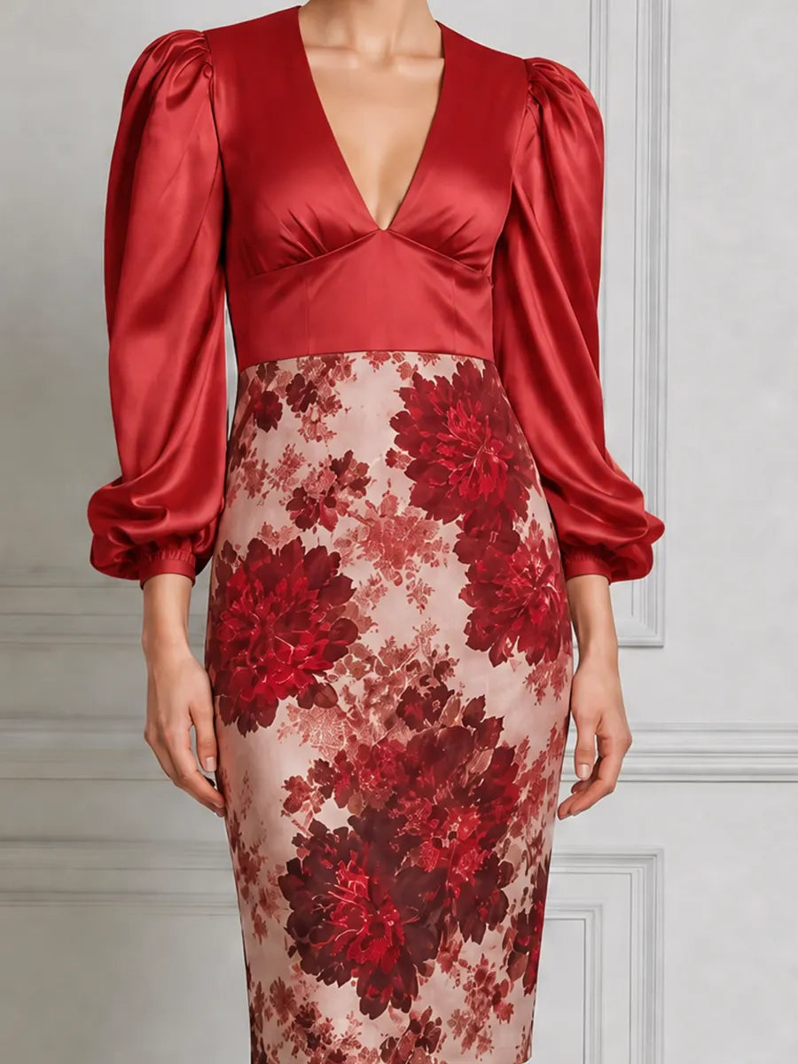 Red Dress Fall Wedding Guest Dress Satin Puff Sleeve Floral Pencil Midi Dress
