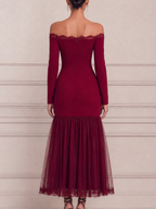 Red Dress Lace Trim Fall Wedding Guest Dress Off Shoulder Tulle Maxi Dress