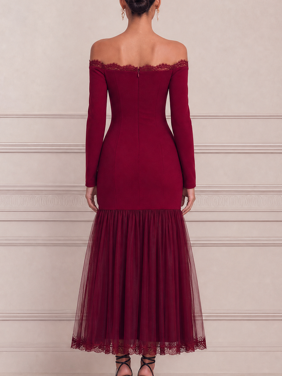 Red Dress Lace Trim Fall Wedding Guest Dress Off Shoulder Tulle Maxi Dress