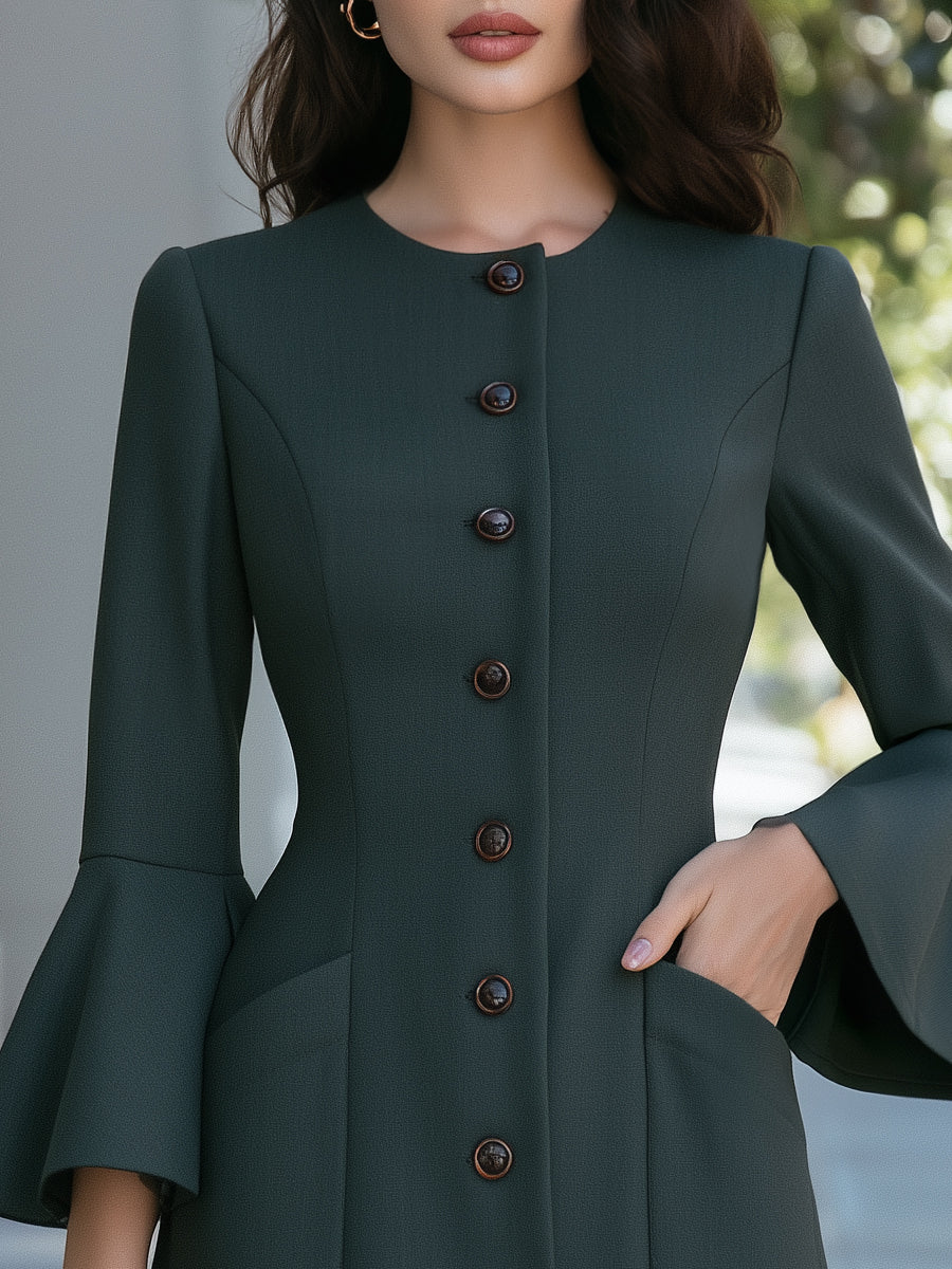 Button-Front Flared Sleeve Patch Pockets Midi Dress