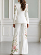 Floral Print Double Breasted Blazer & Flared Pants Suit