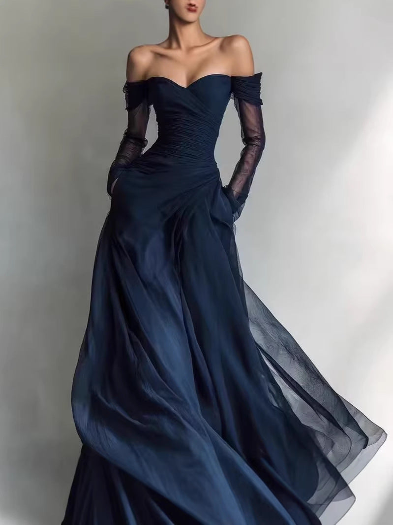 Off-Shoulder Mesh Splicing Maxi Dress