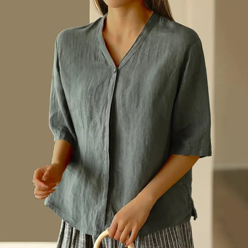 Women's Solid Color V-Neck Buttoned Mid-Sleeve Loose Casual Top