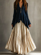 Boho Two Piece Outfit Irregular Long Sleeve Top Maxi Skirt Set