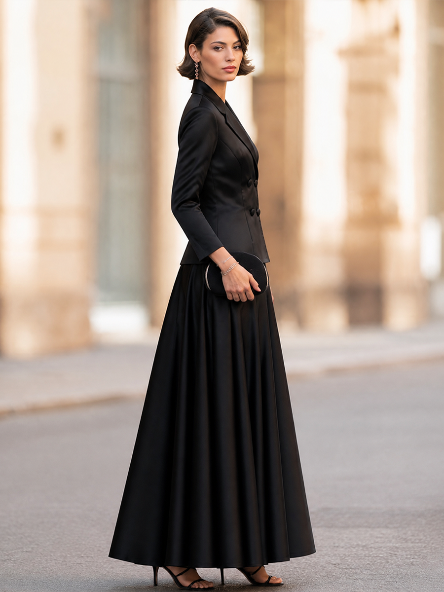 Elegant Double-Breasted Satin Blazer & Maxi Skirt Two-Piece Set