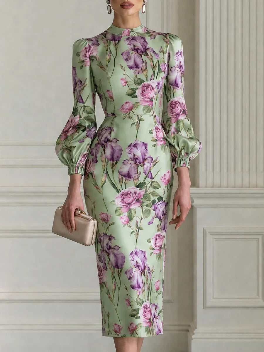 Vintage Rose Iris Floral Print Fitted Midi Dress