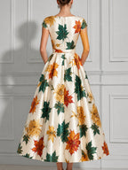 Autumn Maple Leaf Print Belt A-Line Midi Dress