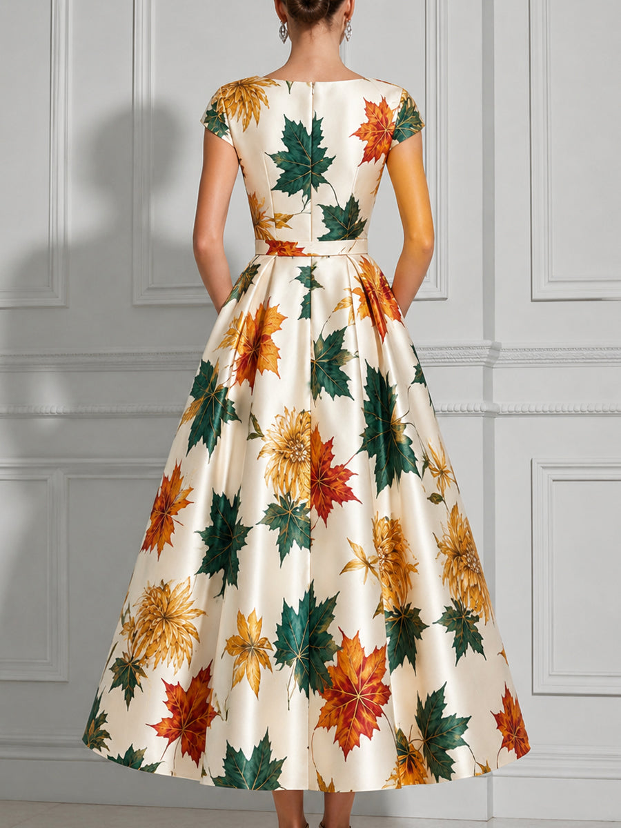 Autumn Maple Leaf Print Belt A-Line Midi Dress