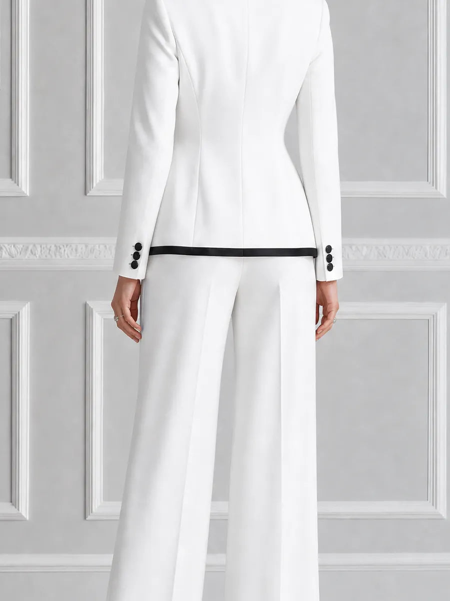 White Contrast Black Trim Peak Lapel Tailored Blazer & Wide Leg Trousers Two-Piece Suit Set