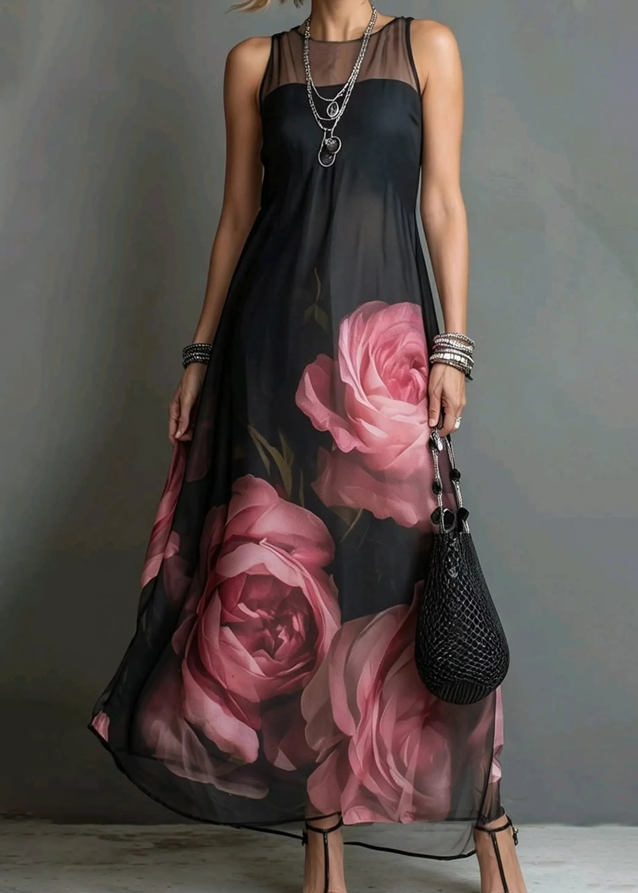 Black Sleeveless Printed Loose Maxi Dress
