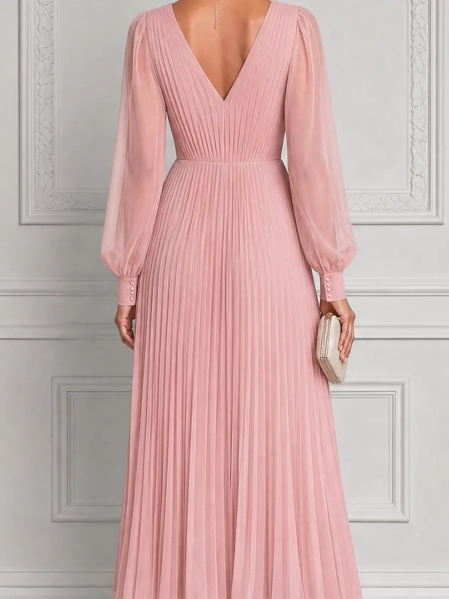 Pink Dress Fall Wedding Guest Dress Pleated Chiffon Maxi Dress