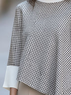 Houndstooth Spliced Knit Sweater Asymmetric Hem Mock Neck Batwing Top