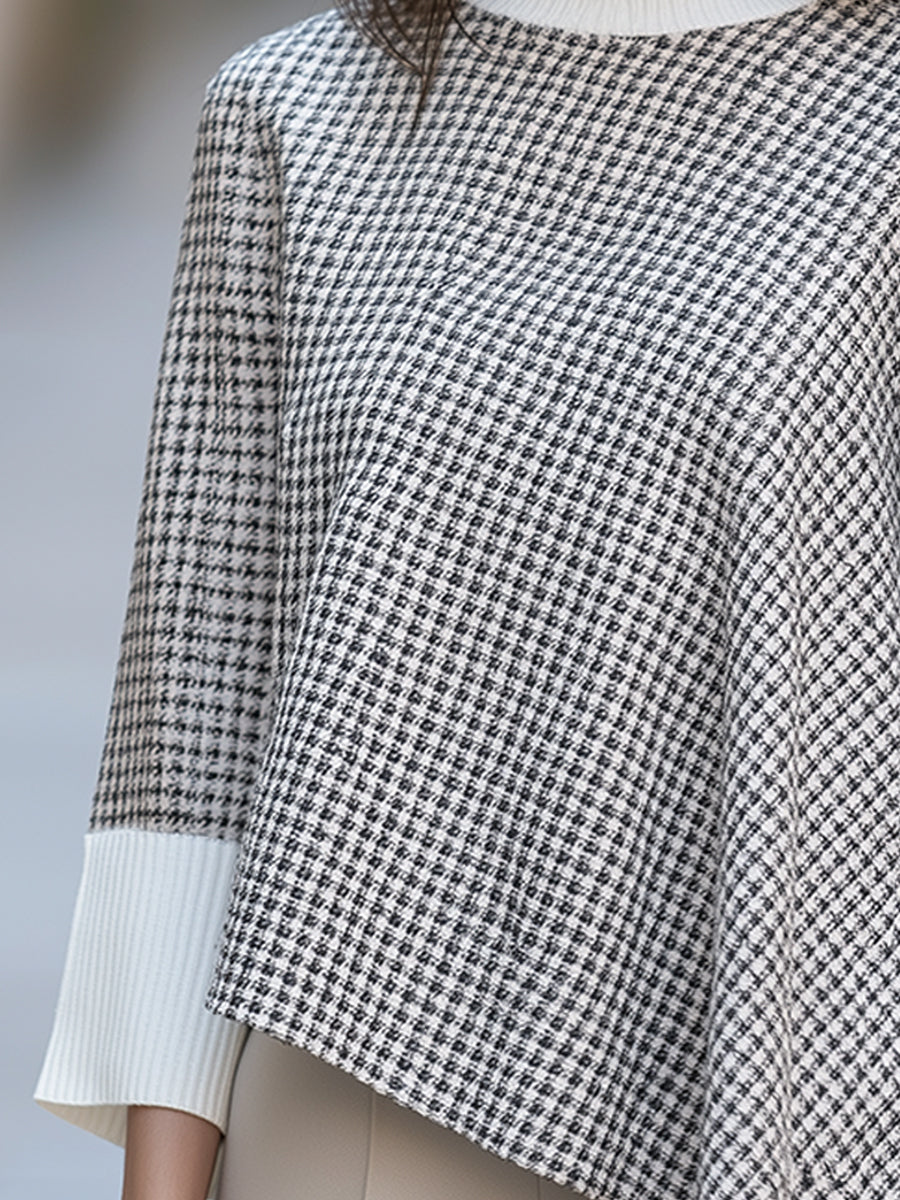 Houndstooth Spliced Knit Sweater Asymmetric Hem Mock Neck Batwing Top