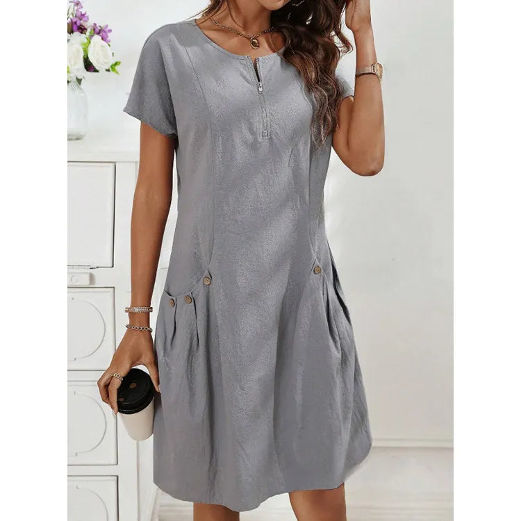 Solid-Color Round-Neck Fashion Dress