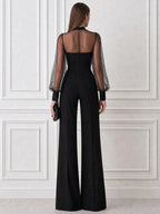 Sheer Mesh Long Sleeve Sequin Bodice Wide Leg Jumpsuit with Tie Neck