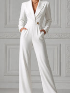 Autumn Chic White Tailored Wide-Leg Jumpsuit With Tie-Waist