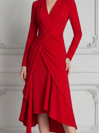 Red Dress Fall Wedding Guest Dress Draped Wrap High Low Midi Dress
