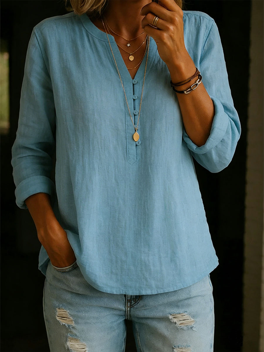 Women's Solid Color V-neck Long-sleeved Casual Loose Cotton And Linen Top