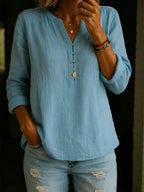 Women's Solid Color V-neck Long-sleeved Casual Loose Cotton And Linen Top