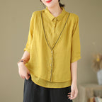 Women's Embroidery Button Down Cotton Linen Casual Shirt