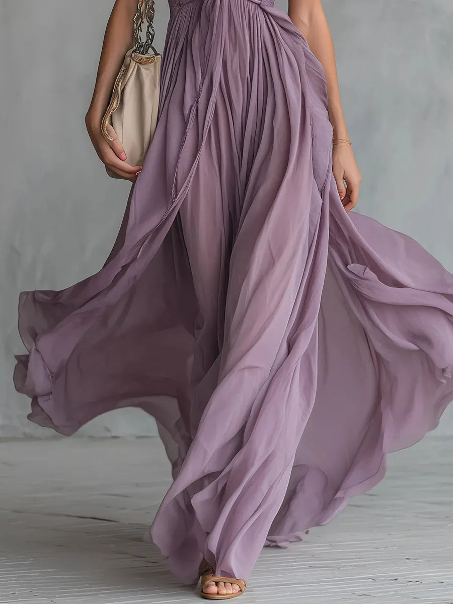 Stylish Halter Neck V-neck Sleeveless Chiffon Maxi Dress