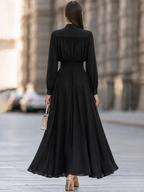 Women's Elegant Long Sleeve Shirt Collar Pleated A-Line Maxi Dress