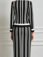 Black White Vertical Stripe Round Neck Gold Button Tailored Jacket & Pencil Skirt Two-Piece Suit Set