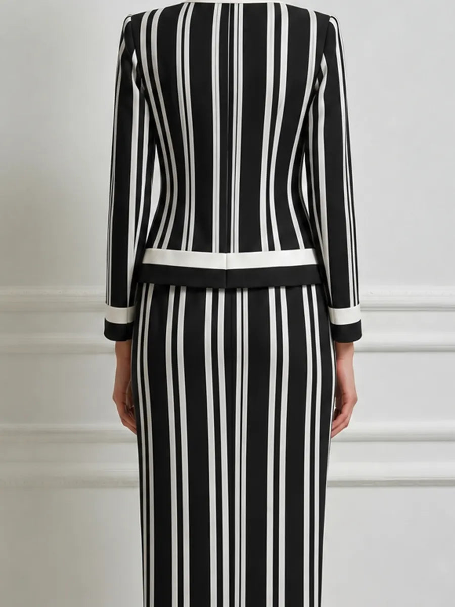 Black White Vertical Stripe Round Neck Gold Button Tailored Jacket & Pencil Skirt Two-Piece Suit Set