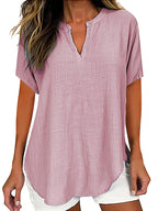 Solid Color V Neck Short Sleeve Linen Blend Shirt