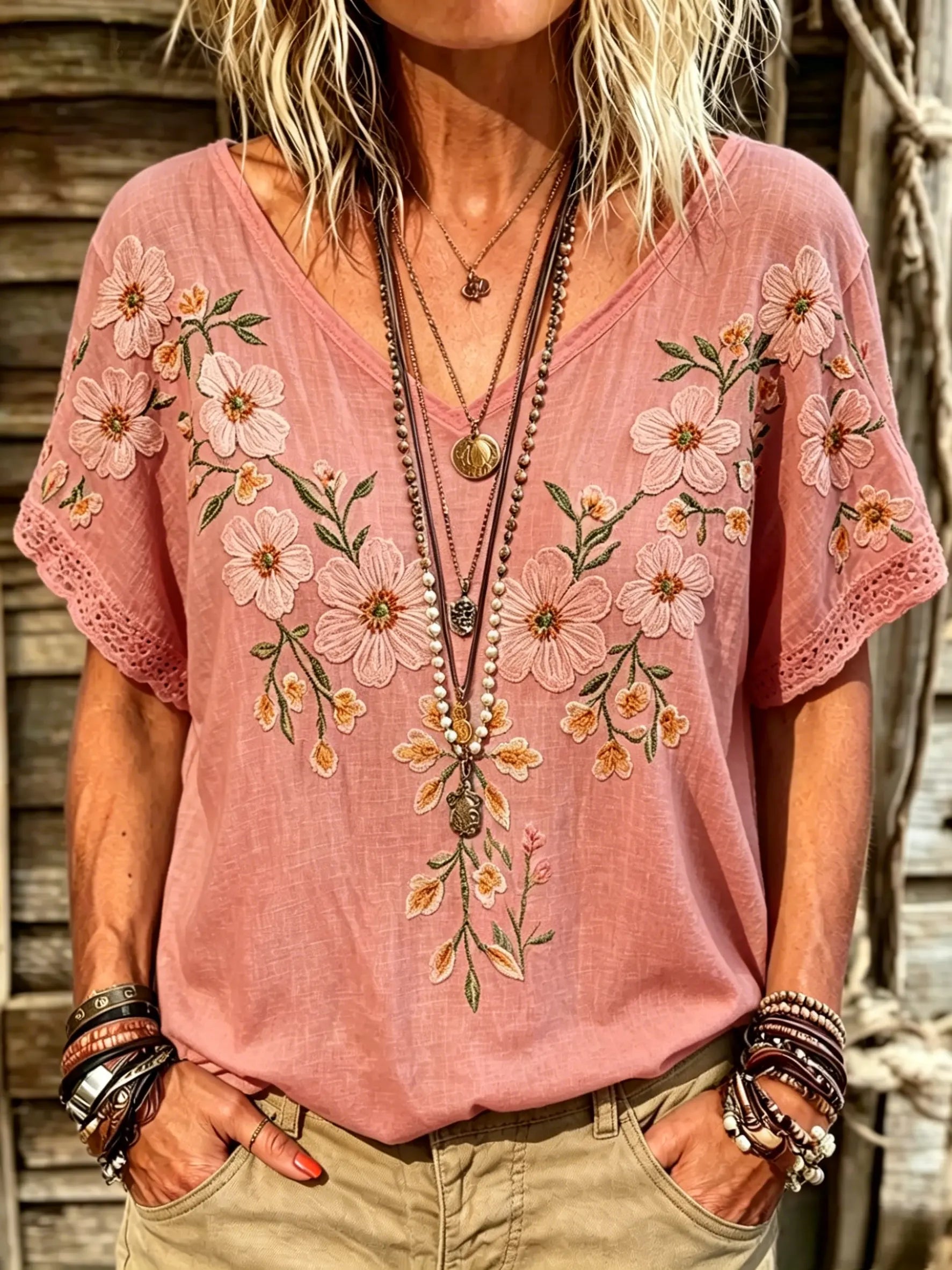 Women's Vintage-Style Floral Art Print V-Neck Short-Sleeve Top with Lace Paneling