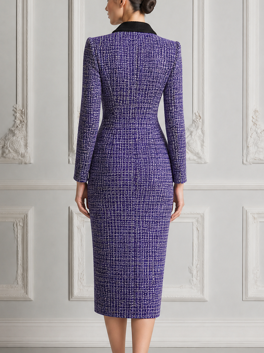 Purple Tweed Dress Fall Wedding Guest Dress Black Lapel Blazer Midi Dress