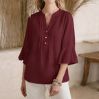 Women's Solid Color V Neck Short Sleeve Linen Blend Shirt