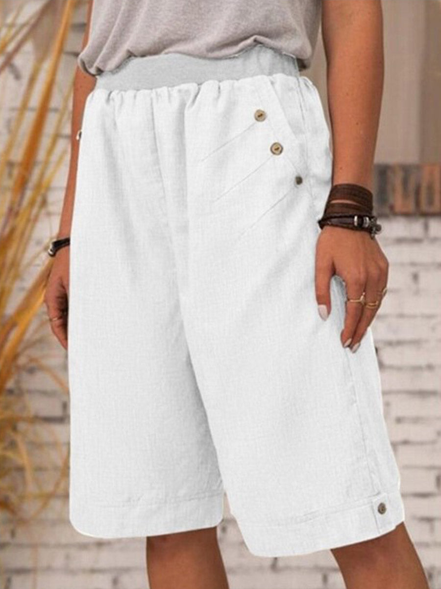 Women's Solid Color Elastic Waist Loose Casual Pockets Cotton and Linen Shorts