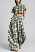 Hapi Plaid Crop Baggy Pants Set In Green