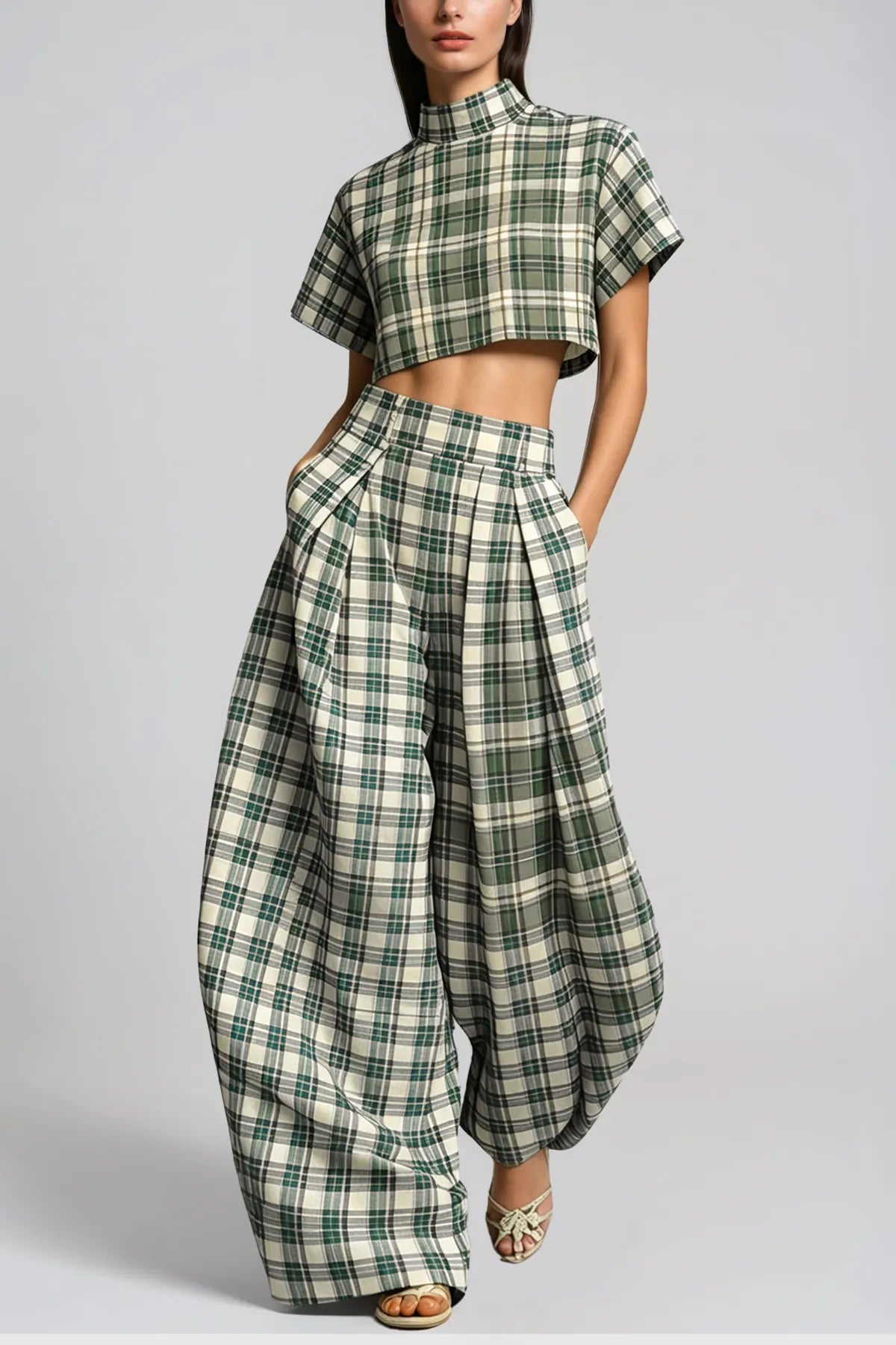 Hapi Plaid Crop Baggy Pants Set In Green