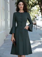 Button-Front Flared Sleeve Patch Pockets Midi Dress
