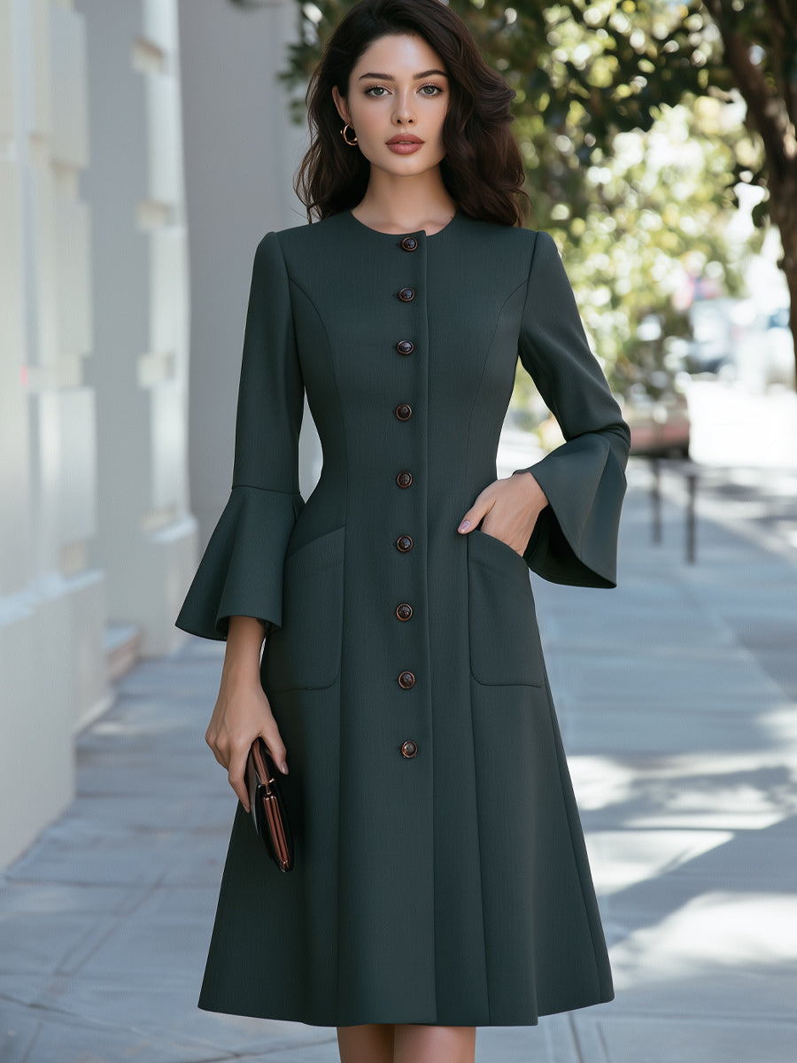 Button-Front Flared Sleeve Patch Pockets Midi Dress